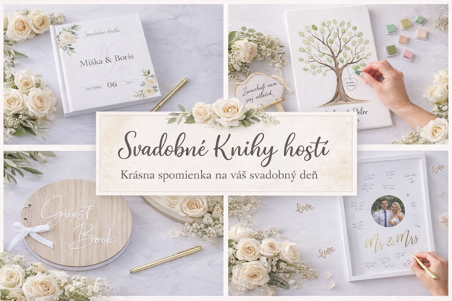 Svadobná kniha hostí je krásna spomienka na svadobný deň. Objavte personalizované knihy hostí, obrazy na odtlačky prstov a doplnky ku knihe hostí.