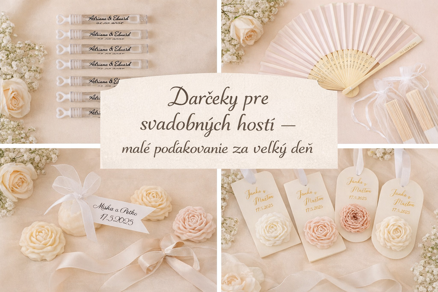 Darčeky pre svadobných hostí – sójové sviečky, svadobné bublifuky, vejáre a malé darčeky pre hostí.