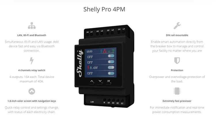 Shelly PRO 4PM WiFi + Ethernet 4-gang smart relay switch with power meter