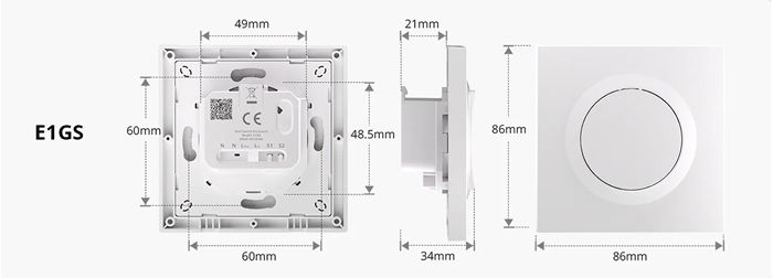 SONOFF E1GS neutral rozmery vypínača