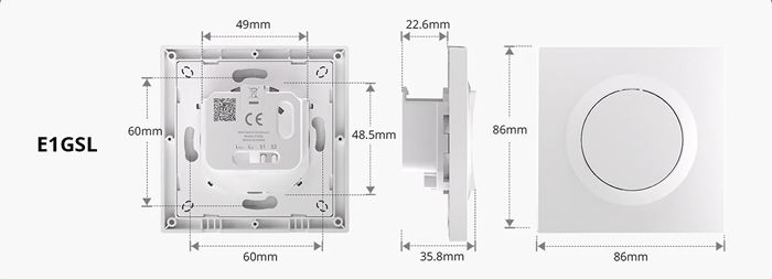 SONOFF E1GSL no neutral rozmery vypínača