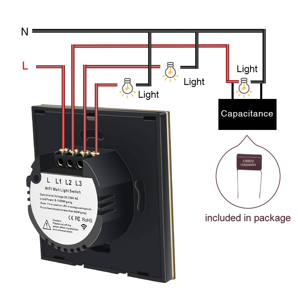 Zapojenie Sonoff eWeLink Dotykový Vypínač ( L + N aj bez nulového vodiča) - Čierny