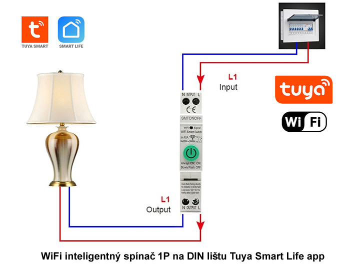 WiFi inteligentný spínač 1P na DIN lištu Tuya Smart Life app