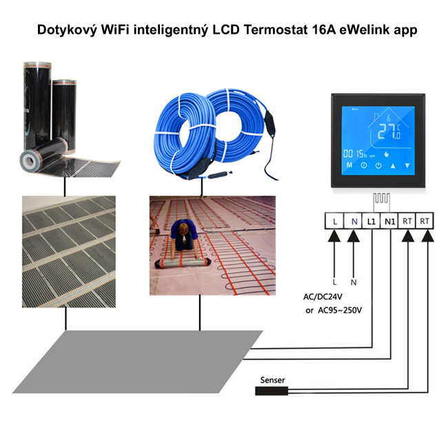 Dotykový WiFi inteligentný LCD Termostat 16A eWelink app