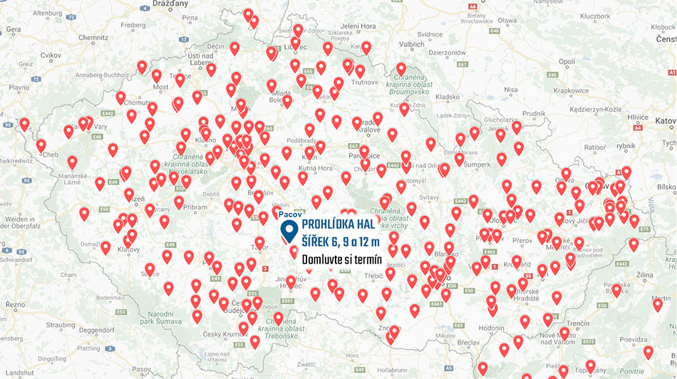 Mapa realizací hal - máme stovky referencí v ČR i SR.
