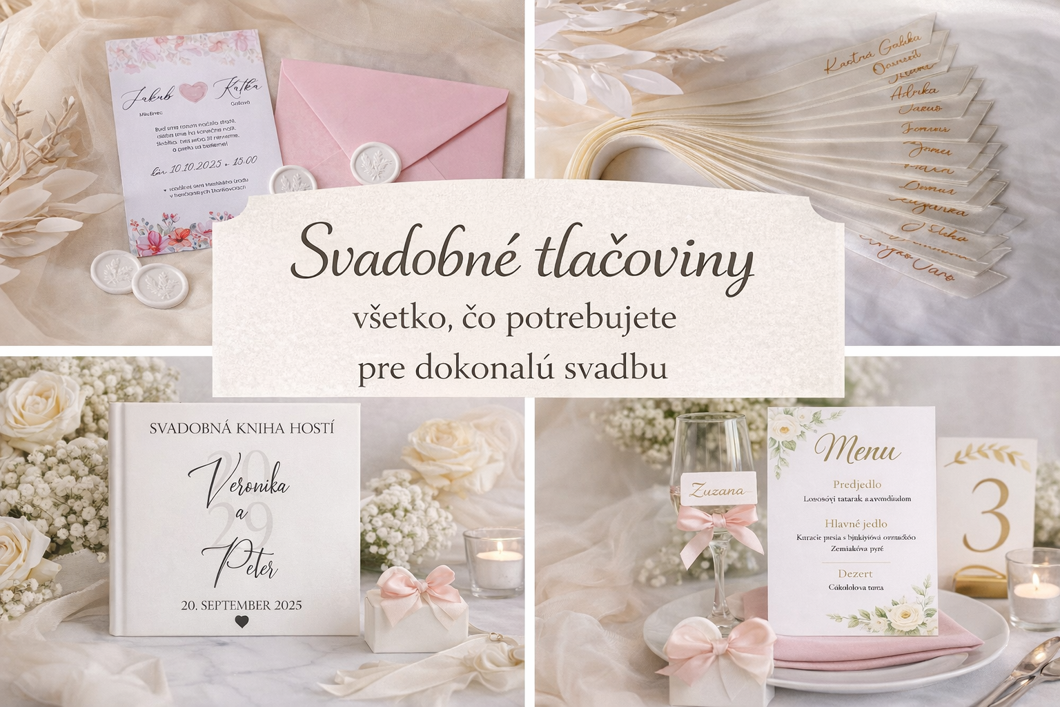 Svatební tiskoviny dodají svatbě jednotný styl. Objevte svatební oznámení, jmenovky, svatební menu, nálepky na dárky a etikety na víno.