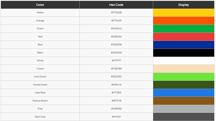 PETG HF Hex Code Table