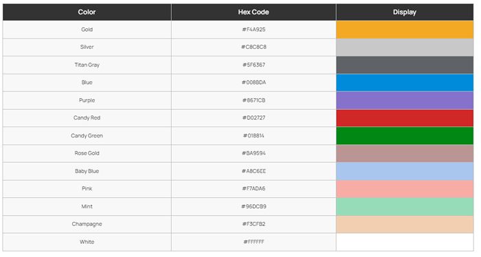 PLA Silk+ color table PLA Silk+ color table